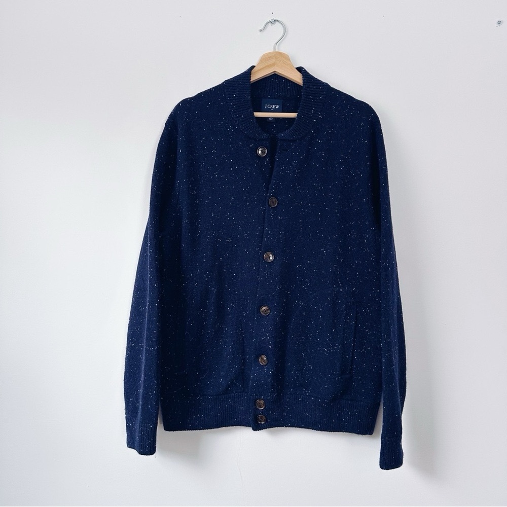 J.Crew Factory Men’s Navy Donegal Bomber Speckled Lamb’s Wool Cardigan - Picture 2 of 5